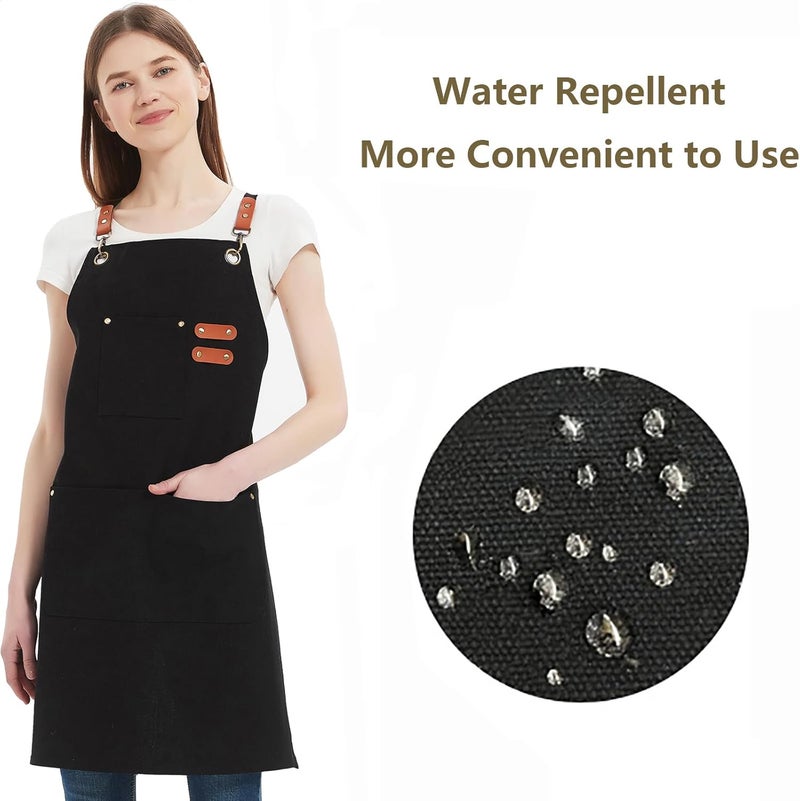 AFUN Chef Aprons for Women Men with Large Pockets, 12-Ounce Cotton Canvas Cross Back Water Repellent Apron (Black) - Image 2